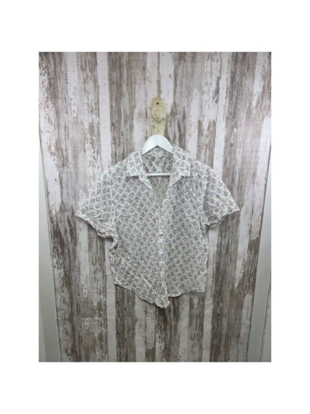 Lucky Brand Womens M White Blue Floral Cotton Gauze Short Sleeve Button Down